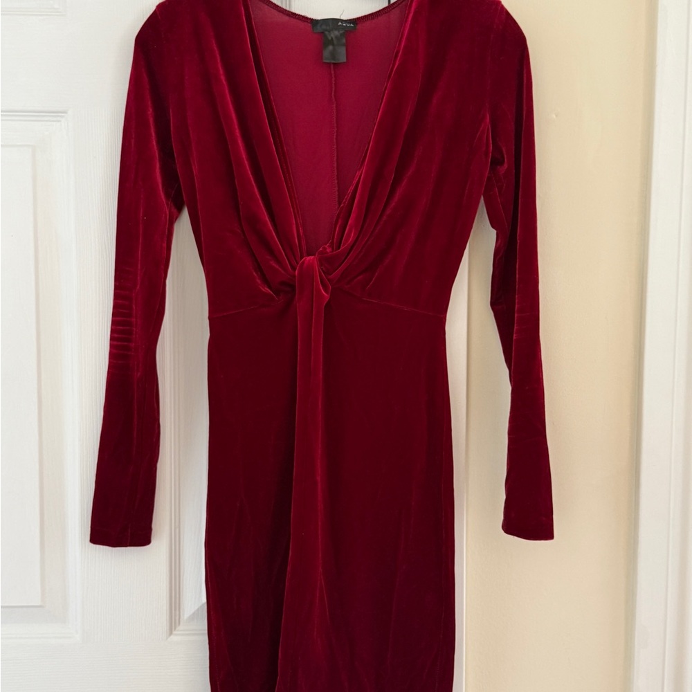 Aqua Long Sleeve Velvet Dress - Deep Red